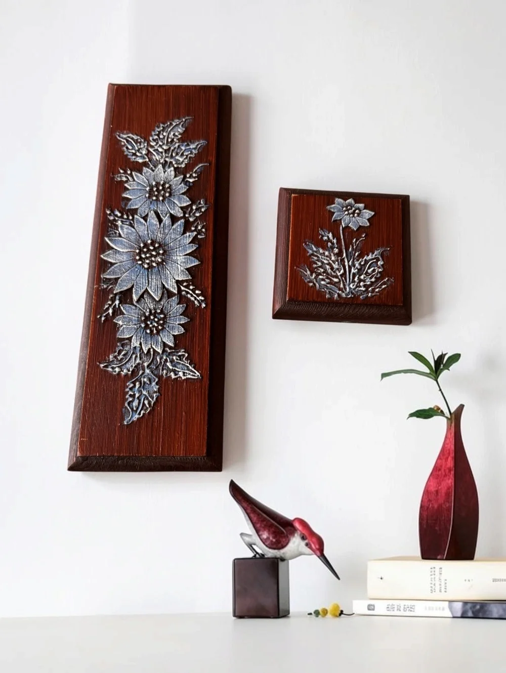 Vintage Beth Ritter Bas-Relief Floral Wall Art Set of 2 Wood Silver Flowers